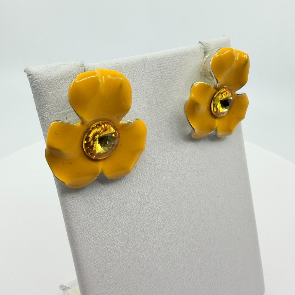 VTG Yellow Enamel Flower Stud Earrings - Boho Cottagecore Festival Gift - Picture 3 of 11
